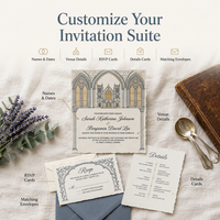 Suite d'invitations de mariage haut de gamme, style manuscrit vintage, en papier calligraphique, avec estampage à la presse et dorure à chaud, pour propriétés historiques, en petite série