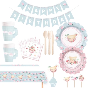 ชุดถ้วยน้ำชา จานรอง กระดาษเช็ดปาก ถ้วยชาและจานรองพร้อมหูจับ สำหรับงานเลี้ยงวันเกิดเจ้าหญิง ตกแต่งงานฉลองวันเกิดเด็ก ลายดอกไม้ - Product Image 1