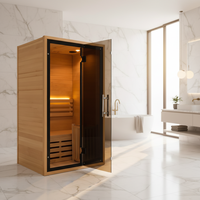 Salle de sauna traditionnelle en bois d'hemlock pour 2 personnes, intérieur luxueux, avec verre brun