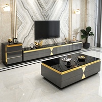 Meuble TV en panneaux de bois de luxe, ensemble moderne de meuble TV et table basse avec tiroir pour salon