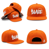 Casquette Snapback à visière plate orange unie avec broderie 3D en relief BLAZE Flame Streetwear Hip Hop pour la mode de rue et le skateboard