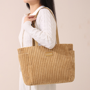 Vintage grote open beige boodschappentas duurzame casual schoudertas effen kleur dames corduroy tas - Product Image 5