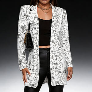 Oferta especial en Temu: Blazer largo con estampado de rostros a la moda para mujer, cuello de solapa, abertura frontal, abrigo informal para el trabajo y uso diario. - Product Image 1