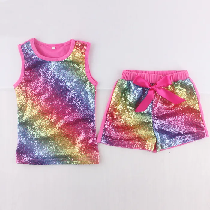 Kinder boutique Kinder Sommer Regenbogen Pailletten Shorts Outfits Applique Mode Baby Pailletten Kleidung