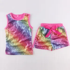 儿童精品儿童夏季彩虹亮片短裤套装贴花时尚婴儿亮片服装