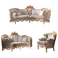 Ensemble de canapés de luxe de style provincial français, style classique campagnard, canapé de salon rembourré en tissu avec pieds en bois sculpté, antique