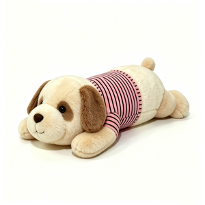 Peluche de Cachorro Acogedor Personalizado - Perro de Peluche Suave Beige y Marrón con Camiseta Rosa a Rayas, Peluche Largo de Cachorro - Product Image 1