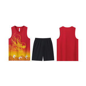 Ensemble de sport personnalisable avec motif de dragon chinois, comprenant un maillot sans manches à col en V et un short noir - Product Image 2