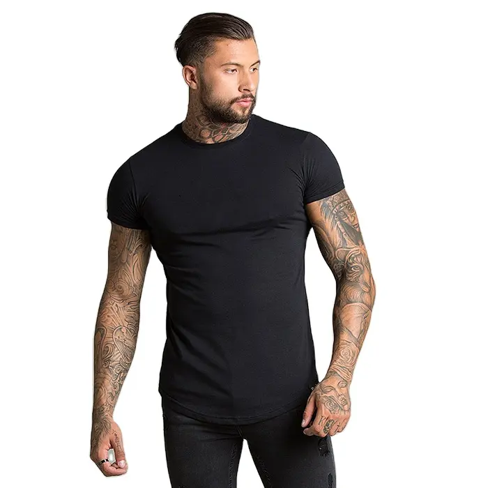 T-shirt pour hommes, 95% coton Spandex, coupe étroite, en coton 5%, Long queue ronde, avec ourlet incurvé