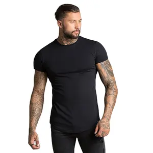 Slim Fit 95% pamuk % 5% Spandex erkek tişört uzun kuyruk yuvarlatılmış kavisli Hem kas Fit T gömlek erkekler