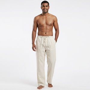 Men's Casual Cotton Linen <b>Trousers</b> Solid Color Lightweight Loose Straight Multi-Pocket Cargo Design Mid <b>Drawstring</b> Flat Front - Product Image 1
