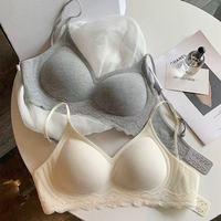 Soutien-gorge push-up sans armatures côtelé sans couture, bordure en dentelle, fines bretelles réglables, doux et confortable pour femme, vente en gros d'usine, personnalisable OEM