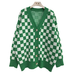 Cardigan court en peluche à carreaux vert et blanc contrastant, style vintage, anti-boulochage, pour <span class=keywords><strong>femme</strong></span>, directement de l'usine - Product Image 1