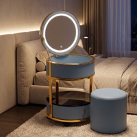 Coiffeuse moderne pour chambre d'hôtel/appartement en acier inoxydable et pin avec panneau de maquillage, miroir éclairé LED 3 couleurs et téléphone sans fil