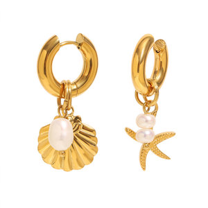 Boucles d'oreilles pendantes asymétriques Hawaïennes en acier inoxydable 316L plaqué or 14k 18k avec perles et étoiles de mer pour femme - Product Image 5