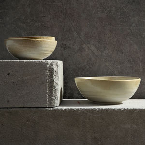 Vaisselle rustique de style occidental, ensembles de bowling en céramique, glaçure réactive, nouilles à salade Stria coupé, ensemble de bols peu profonds en céramique - Product Image 1