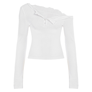 בגדי נשים בהתאמה אישית בסגנון Y2K, חולצת טי קצרה א-סימטרית עם תחרה, בגזרה צמודה, חושפת כתפיים, סיטונאי. - Product Image 4