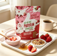 Poudre de Smoothie Protéiné Tout-en-un OEM ODM 180g Saveur Baies et Crème, 25g de Protéine de Lactosérum Issu de Vaches Nourries à l'Herbe avec 10g de Collagène