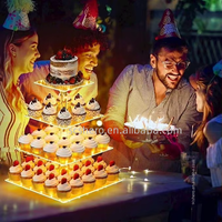 Support à cupcakes moderne à 4 niveaux en acrylique avec guirlande lumineuse LED, présentoir de gâteaux pour le thé de l'après-midi, pour mariages, anniversaires, événements