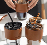 Mug à café anti-brûlure en bambou simple de haute qualité, avec paille, bouteille en verre borosilicate, couvercle sans BPA, personnalisable, motif dessin animé mignon