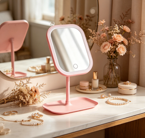 Pink LED Makeup <b>Mirror</b> <b>Desktop</b> Cosmetic Vanity Lighted Folding <b>Mirror</b> Touch Control USB Rechargeable for Travel - Product Image 5