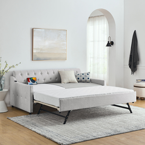 Canapé-<span class=keywords><strong>lit</strong></span> moderne en lin capitonné avec <span class=keywords><strong>lit</strong></span> <span class=keywords><strong>gigogne</strong></span>, canapé-<span class=keywords><strong>lit</strong></span> multifonctionnel avec <span class=keywords><strong>lit</strong></span> escamotable, chargeur USB, meubles de salon - Product Image 2
