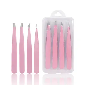 Juego de pinzas para cejas, de marca privada, rosa, belleza profesional, 4 Uds.