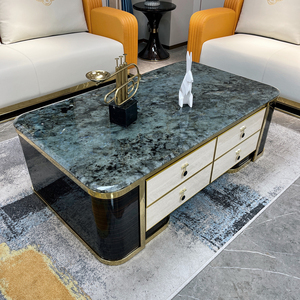 Mesa de Centro de Mármol Verde de Lujo, Centro de Entretenimiento de Madera con Chapa de Ébano y Detalles en Dorado para Sala de Estar - Product Image 1