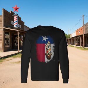 T-shirt à manches longues pour homme, col rond, avec impression sérigraphique du drapeau du Texas et motif de poteau de barbier, vêtement promotionnel - Product Image 2
