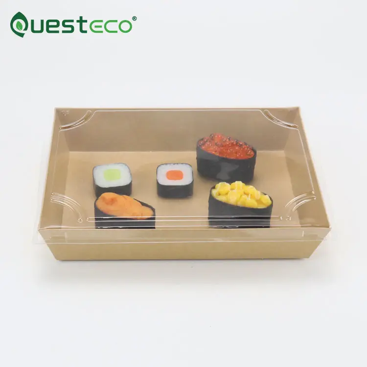 Custom Disposable Square Salad Box With PET Lid Kraft Paper Take Away Cake Sushi Fruit Salad Box