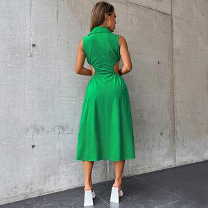 Abito <span class=keywords><strong>Midi</strong></span> Verde <span class=keywords><strong>con</strong></span> Scollo a V per Donne, Senza Maniche, <span class=keywords><strong>con</strong></span> Colletto, Taglio a Vita, Linea A, Lungo <span class=keywords><strong>con</strong></span> <span class=keywords><strong>Spacco</strong></span>, Elegante per Feste e Occasioni Casual Estive - Product Image 4