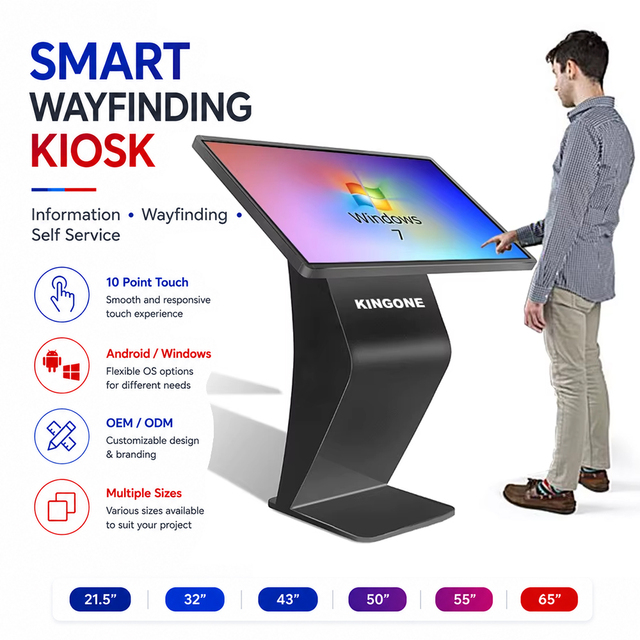 KINGONE 32 43 49 55 65 Inch Wayfinding LED Exhibition Kiosk with Touch Screen Interactive Information Display Self-Service Kiosk