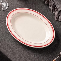 Assiette à poisson en céramique de forme ovale, bord à double ligne, bord épaissi, plat de service rétro pour steak pour restaurant hôtel