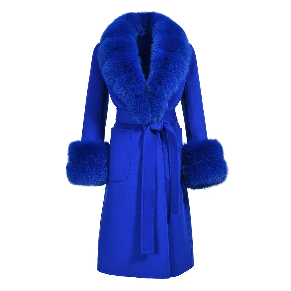 Sang Trọng Lớn Bất Fox Fur Cổ Áo Dài Phong Cách Bán Buôn Ladies Cashmere Len Handmade Rose Fur Áo Khoác Thời Trang Cô Gái Len Coat Phụ Nữ