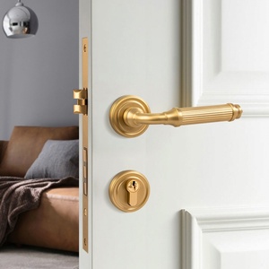 Poignée de porte moderne en bronze noir, ensemble de poignées à levier en laiton massif pour portes intérieures en bois, avec verrouillage double face - Product Image 2