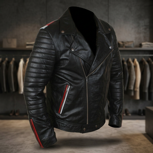 <b>Men</b> Genuine Leather Motorcycle <b>Jacket</b> Black Quilted Sleeve Zipper Closure Stand Collar Regular Fit Winter Wear Front Quick Dry - Product Image 3