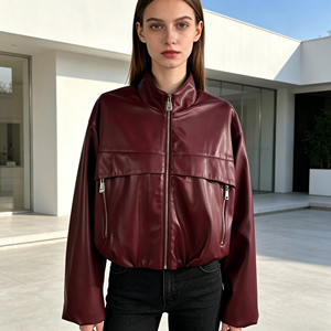 <strong>Burgundy</strong> Stand Collar Zipper PU <strong>Leather</strong> <strong>Jacket</strong> Women's Short <strong>Leather</strong> <strong>Jacket</strong> Factory Custom Colors Sizes - Product Image 3