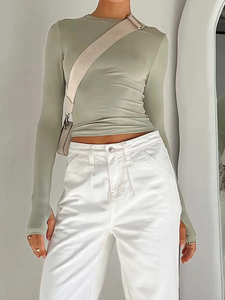 T-shirt à manches longues pour femmes col rond solide coupe ajustée haut court avec trous pour les pouces Streetwear - Product Image 4