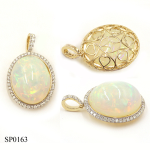 14K Yellow Gold <b>Opal</b> Oval Cut 21.71 CT White Diamond Round 0.84 CT Charm <b>Pendant</b> - Product Image 3