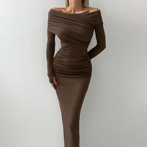 Abito Lungo <span class=keywords><strong>Aderente</strong></span> <span class=keywords><strong>Grigio</strong></span> da Donna Primavera 2026, Scollatura a Spalle Scoperte, <span class=keywords><strong>Vestito</strong></span> Base alla Moda per Uso Quotidiano - Product Image 2