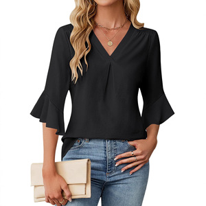 Camisa Casual de Gasa para Mujer, Estilo Europeo Americano, Verano 2026, Cuello en V, Manga Loto de Tres Cuartos, Transpirable, para Oficina, Poliéster/Algodón - Product Image 3