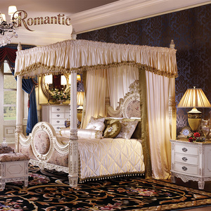 Ensemble de meubles de chambre à coucher de luxe à <span class=keywords><strong>baldaquin</strong></span>, style français, en bois massif sculpté à la main, <span class=keywords><strong>avec</strong></span> <span class=keywords><strong>lit</strong></span> capitonné blanc et or, design palais - Product Image 1