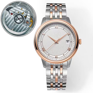 Reloj de pulsera de lujo personalizado en oro rosa de dos tonos con esfera de seda blanca, acero 316L, fecha, números romanos, movimiento automático mecánico para hombre de negocios. - Product Image 1