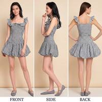Robe d'été pour femme, style doux, mini-robe sans manches, col rond, taille empire, coupe évasée, imprimé à carreaux tissé, respirante, imprimé numérique, 100%