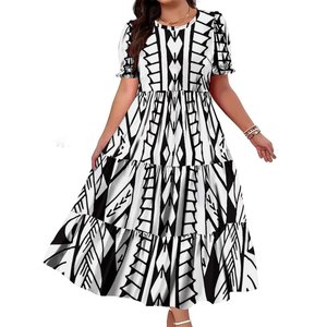 Vestito Lungo Casual da Donna Taglie Forti con Volant a Strati e Maniche Corte a Sbuffo, Fantasia Etnica Tribale Polinesiana - Offerta Speciale - Product Image 5