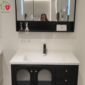 Puertas dobles de vidrio arqueado de estilo retro chino negro, encimera blanca, lavabo de cerámica, almacenamiento multi-espacio - Product Image 2