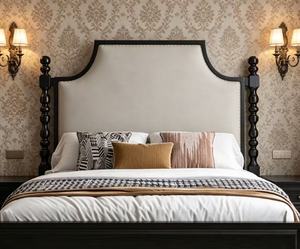 Premium Queen Size Black Wood Spindle <b>Bed</b> With Beige Upholstered Headboard For Bedroom - Product Image 1