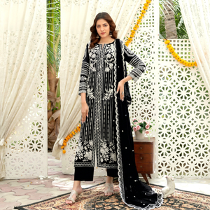 Traje de Algodón Negro Bordado para Mujer con Dupatta, Atuendo Tradicional Indio Pakistaní, Corte Regular, Largo hasta el Suelo, para Todas las Estaciones - Product Image 1