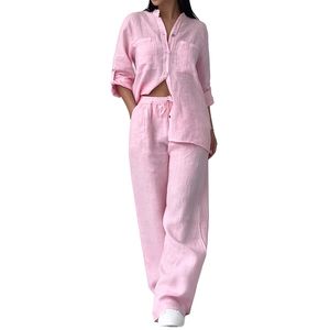 Supplier Custom Wholesale Women's <b>Linen</b> <b>Set</b> Loose Notch Collar Button Down Shirt Wide Leg Pants Casual Vacation Boho Loungewear - Product Image 3