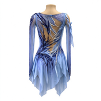 Robe de patinage et de danse bleu clair pour enfants et adultes, à épaules dénudées, manches longues en maille, dos orné de strass en forme de branche, pour compétition et spectacle de patinage sur glace